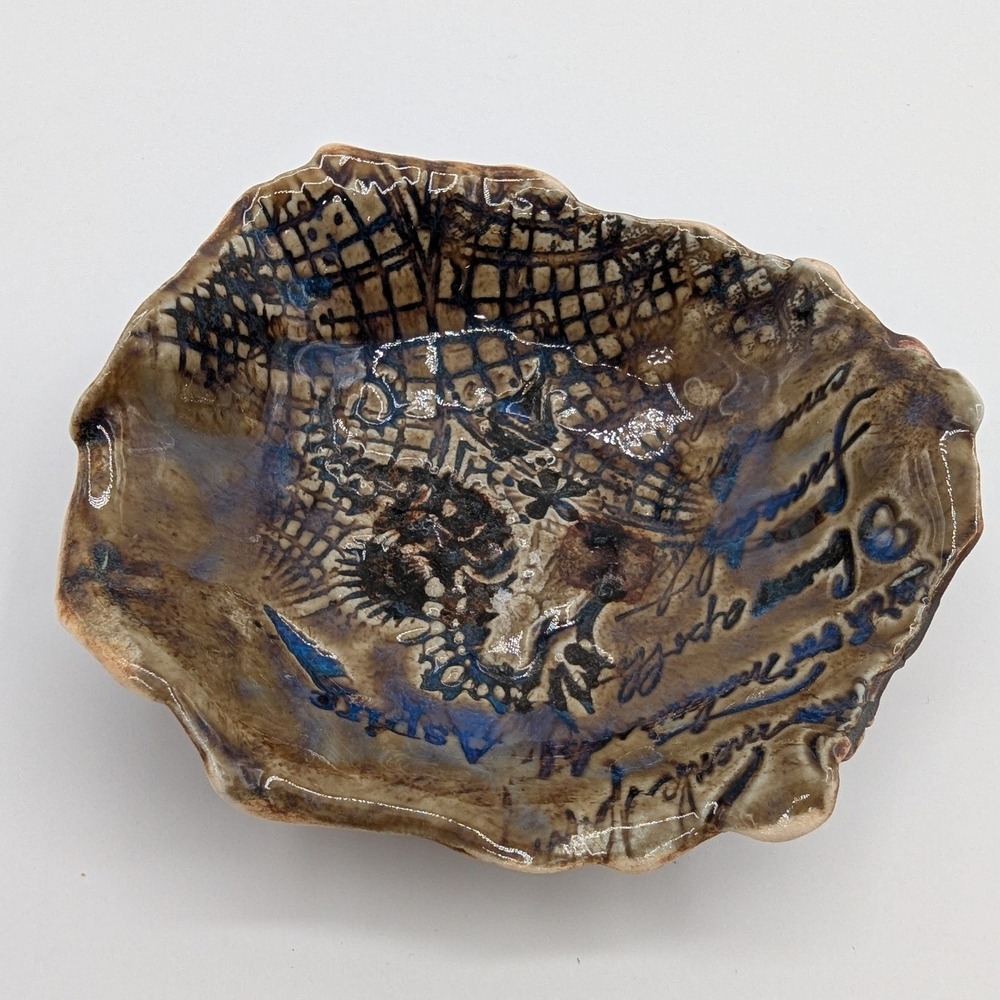 Handmade Studio Pottery Trinket Dish Brown Blue Aspire‎ Script Organic Art Bowl